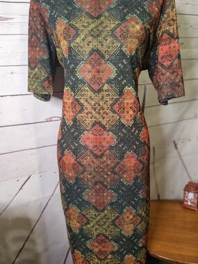 LuLaRoe Midi Dress with Red and Green Geometric Print